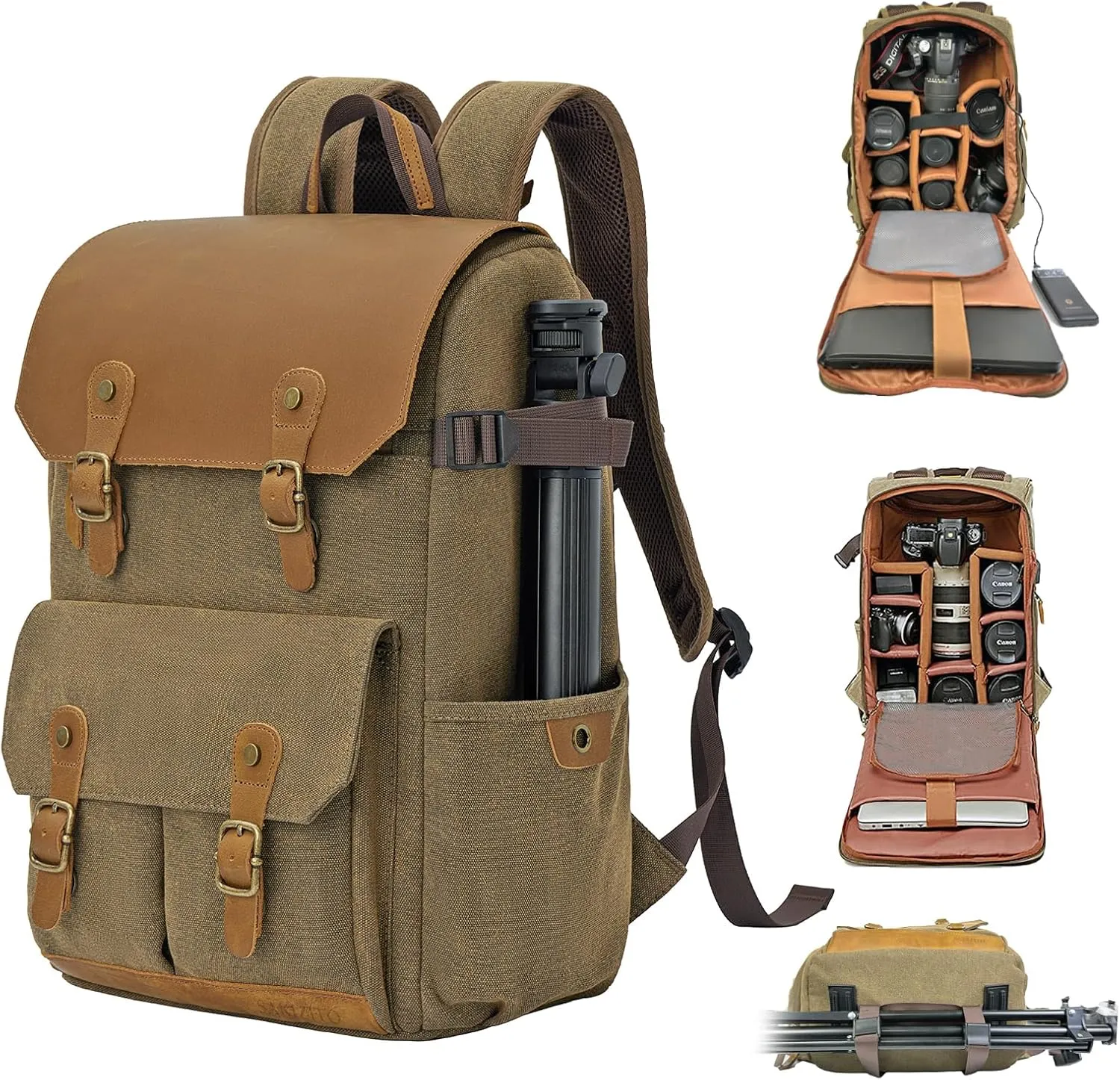 Camera Backpack - DSLR SLR Vintage Leather Style Waterproof Canvas Bag Backpack with 15.6 inch Laptop Sleeve Compartment - Double Tripod Holder (Khaki)