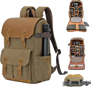Camera Backpack - DSLR SLR Vintage Leather Style Waterproof Canvas Bag Backpack with 15.6 inch Laptop Sleeve Compartment - Double Tripod Holder (Khaki)