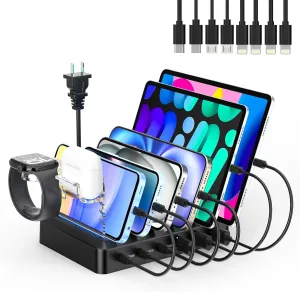 Catlyn Charging Station for Multiple Devices, 6 Port 90W Fast Charger Stations with 8 Mixed Charger Cables Organizer Dock,Compatible for Cell Phone,Tablet, Kindle, iPhone iPad for Family Home Office