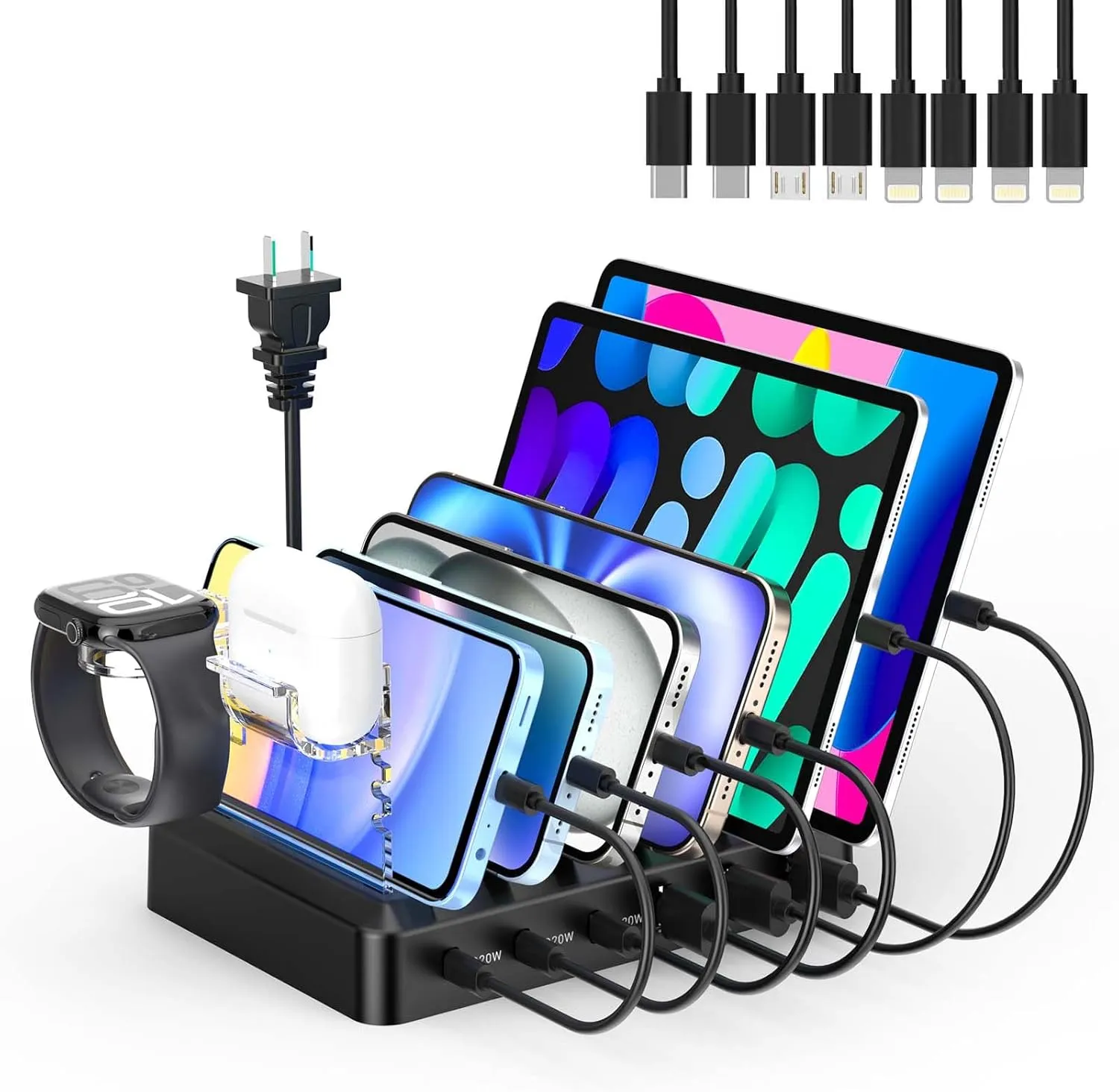 Catlyn Charging Station for Multiple Devices, 6 Port 90W Fast Charger Stations with 8 Mixed Charger Cables Organizer Dock,Compatible for Cell Phone,Tablet, Kindle, iPhone iPad for Family Home Office