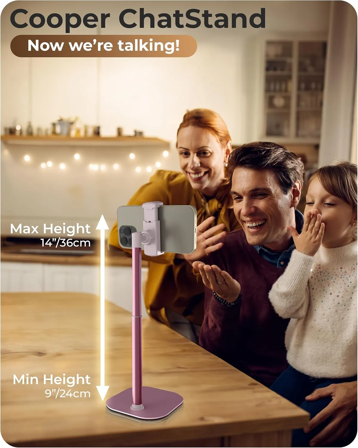 Cooper ChatStand Adjustable Cell Phone Stand for Desk & Video Recording, Rotating Cell Phone Holder for Desk for All iPhone, Samsung, Android, 9-14" Face-Level Metal Desktop Tripod (Rose Gold)