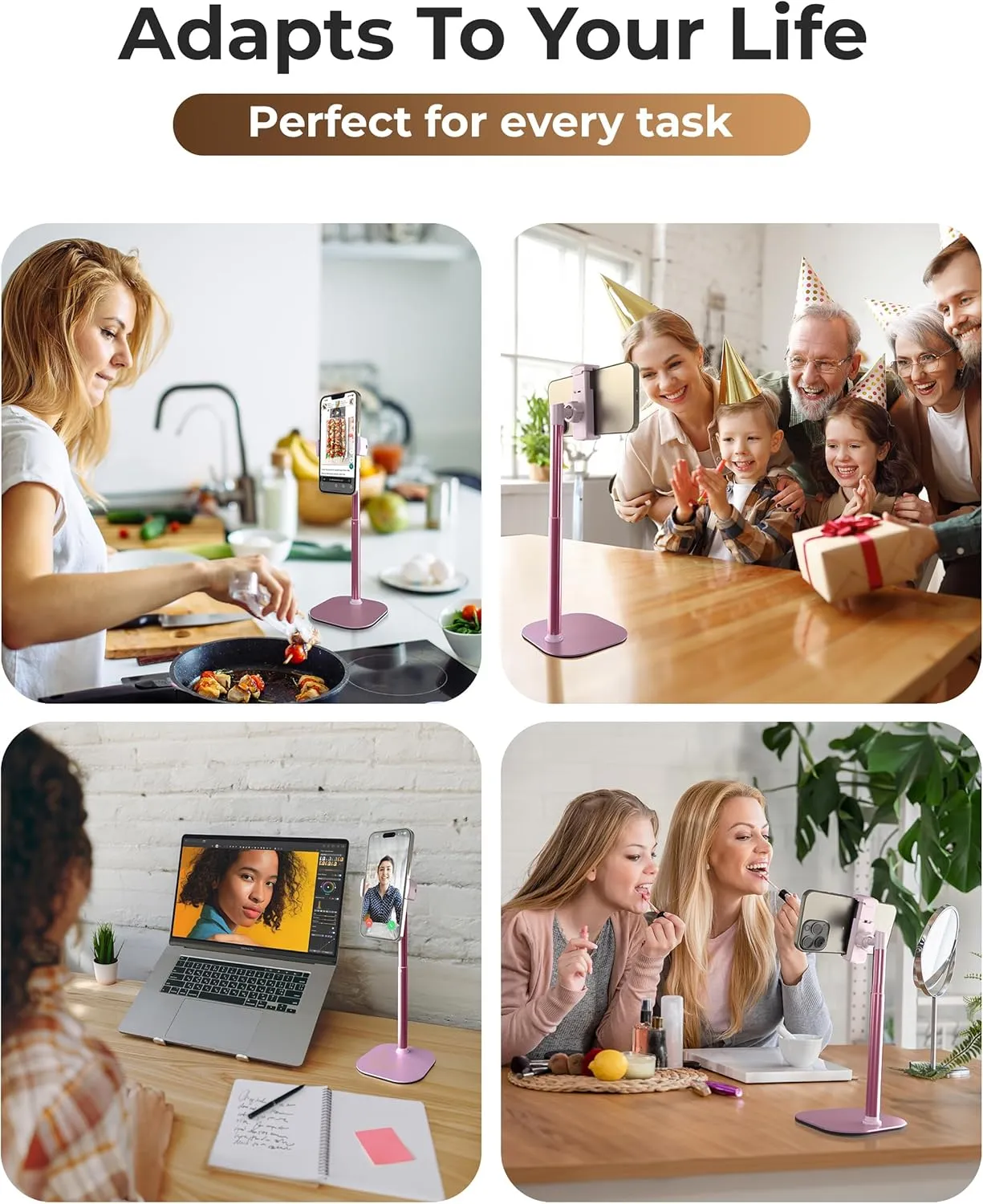 Cooper ChatStand Adjustable Cell Phone Stand for Desk & Video Recording, Rotating Cell Phone Holder for Desk for All iPhone, Samsung, Android, 9-14" Face-Level Metal Desktop Tripod (Rose Gold)