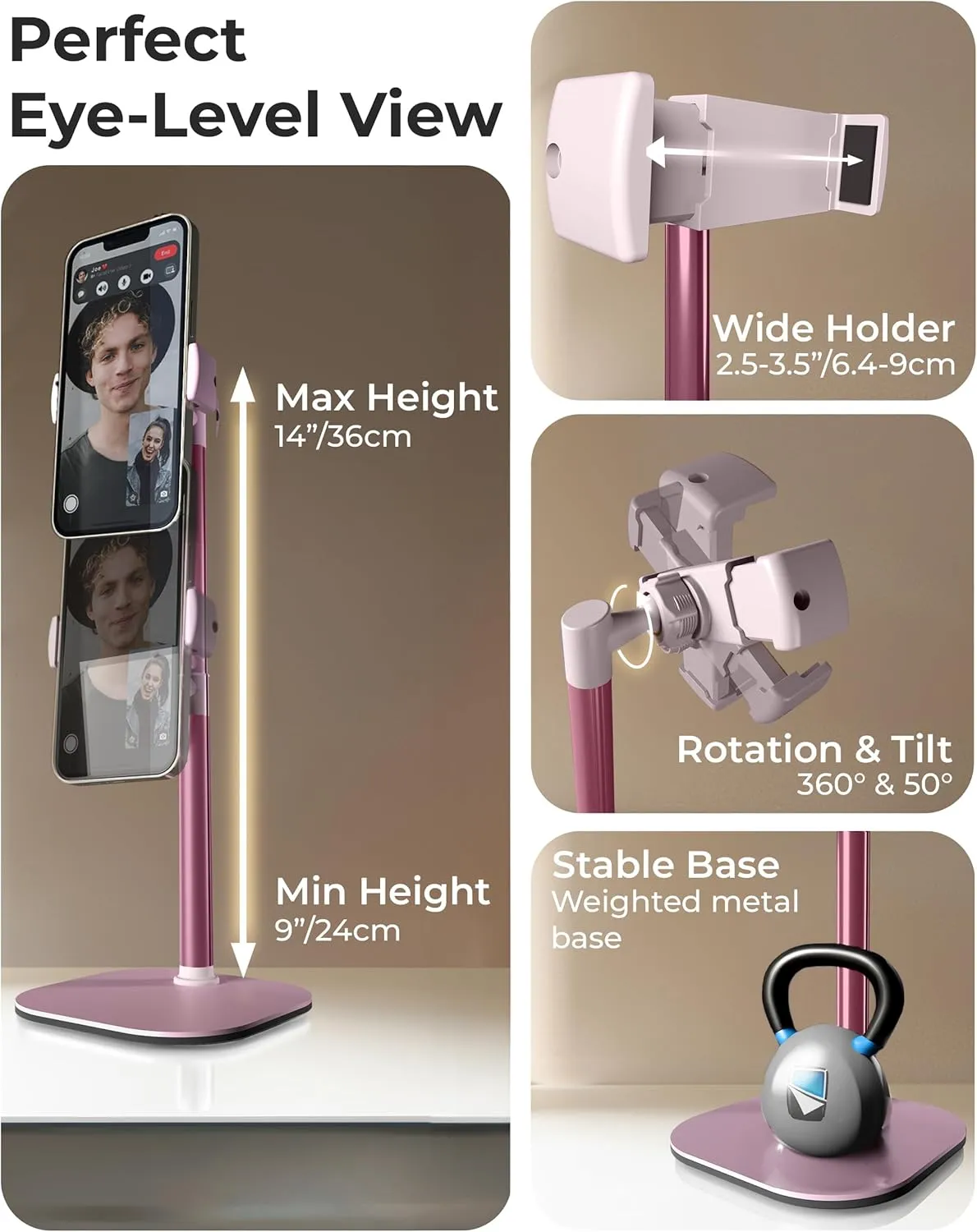 Cooper ChatStand Adjustable Cell Phone Stand for Desk & Video Recording, Rotating Cell Phone Holder for Desk for All iPhone, Samsung, Android, 9-14" Face-Level Metal Desktop Tripod (Rose Gold)