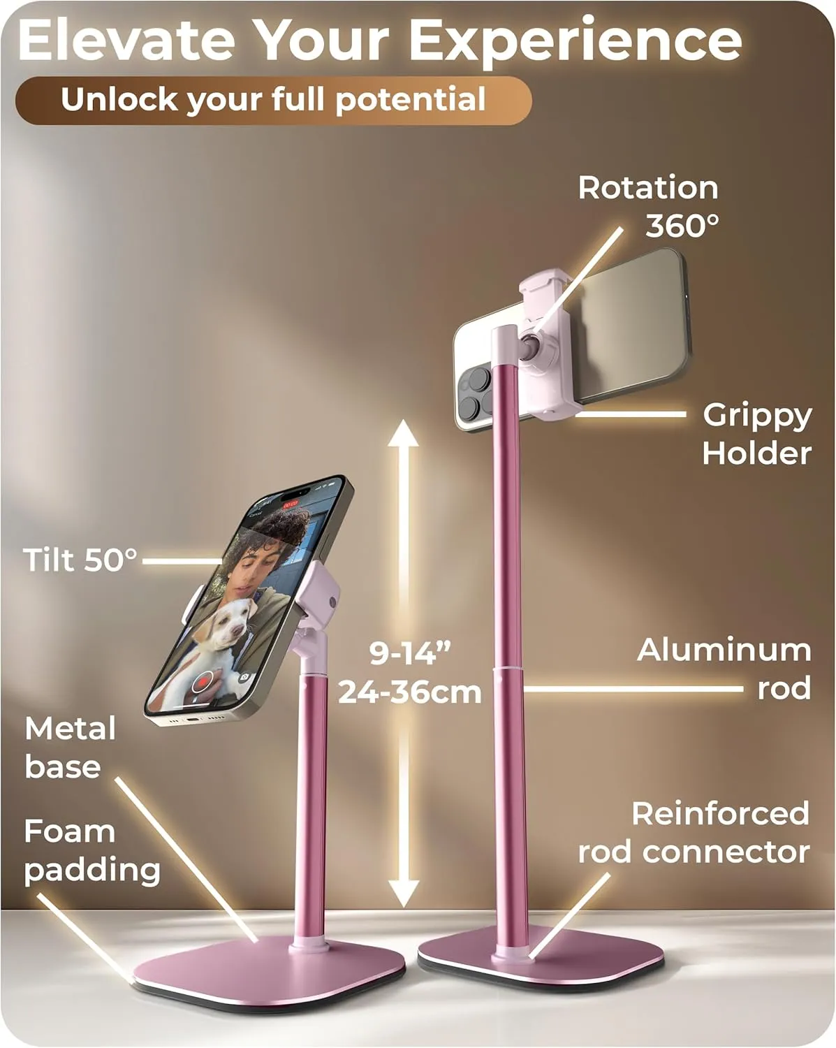 Cooper ChatStand Adjustable Cell Phone Stand for Desk & Video Recording, Rotating Cell Phone Holder for Desk for All iPhone, Samsung, Android, 9-14" Face-Level Metal Desktop Tripod (Rose Gold)