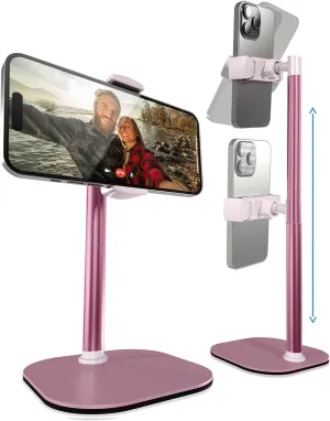 Cooper ChatStand Adjustable Cell Phone Stand for Desk & Video Recording, Rotating Cell Phone Holder for Desk for All iPhone, Samsung, Android, 9-14" Face-Level Metal Desktop Tripod (Rose Gold)