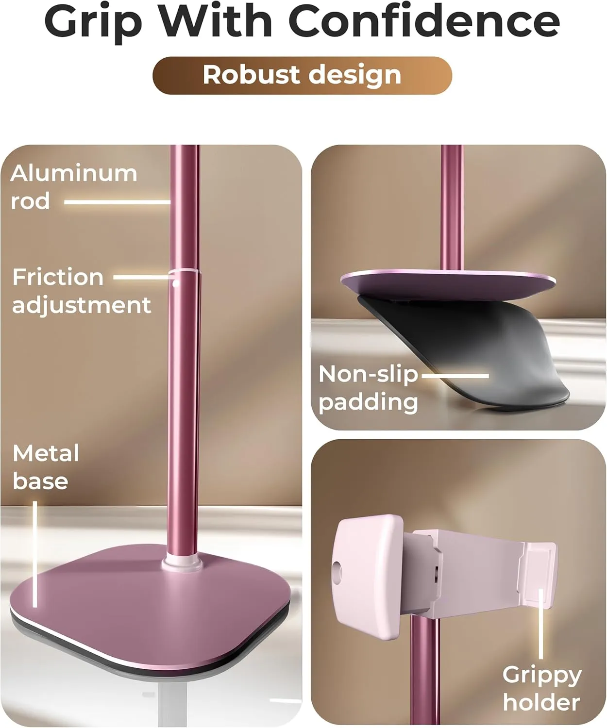 Cooper ChatStand Adjustable Cell Phone Stand for Desk & Video Recording, Rotating Cell Phone Holder for Desk for All iPhone, Samsung, Android, 9-14" Face-Level Metal Desktop Tripod (Rose Gold)
