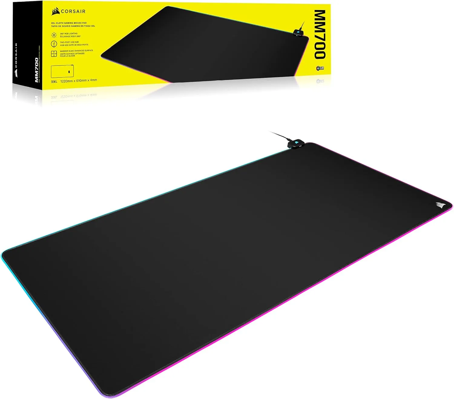 Corsair MM700 RGB Extended 3XL Cloth Gaming Mouse Pad/Desk Mat - Massive 1,220mm x 610mm (48 x 24) Cloth Surface, 360 Three-Zone RGB Lighting, Two USB Ports - Black