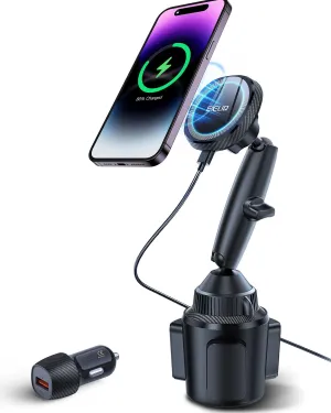 Cup Holder Charger Mount for Magsafe, Wireless Magnetic Car Mount Charger with Heat Dissipation System, Fast Charging Phone Holder for iPhone 16 15 14 13 Pro Max Mini [with QC 3.0 Adapter]