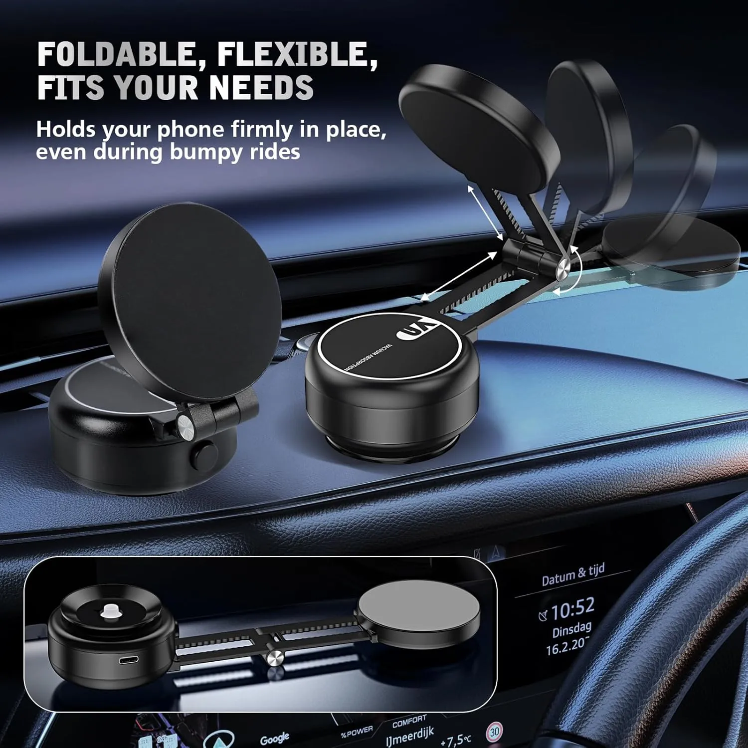 Electric Vacuum Magnetic Suction Phone Holder,Adjustable Suction Cup Phone Mount for Car,Foldable Smart Double-Sided Magnetic Phone Holder (Upgraded Silver-Adjustable Telescopic Stand)