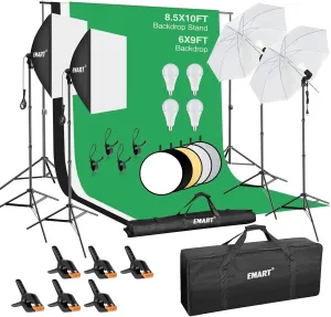 EMART 8.5 x 10 ft Backdrop Support System, Professional Photography Lighting Kit with 50W LED Blub, Reflector, 6 * 9ft Backdrop *3, Umbrellas&Softbox Lighting Kit for Studio, Portrait, Video Shooting