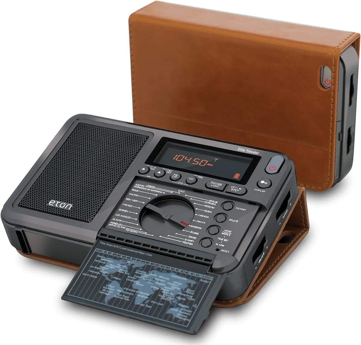 Eton Elite Traveler AM/FM, Longwave, Shortwave Radio with RDS, World Clock, 500 Stations, Dial Tuning, Alarm, Sleep Timer, Leather Case, Portable International Radio with High-Contrast LCD