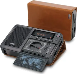 Eton Elite Traveler AM/FM, Longwave, Shortwave Radio with RDS, World Clock, 500 Stations, Dial Tuning, Alarm, Sleep Timer, Leather Case, Portable International Radio with High-Contrast LCD