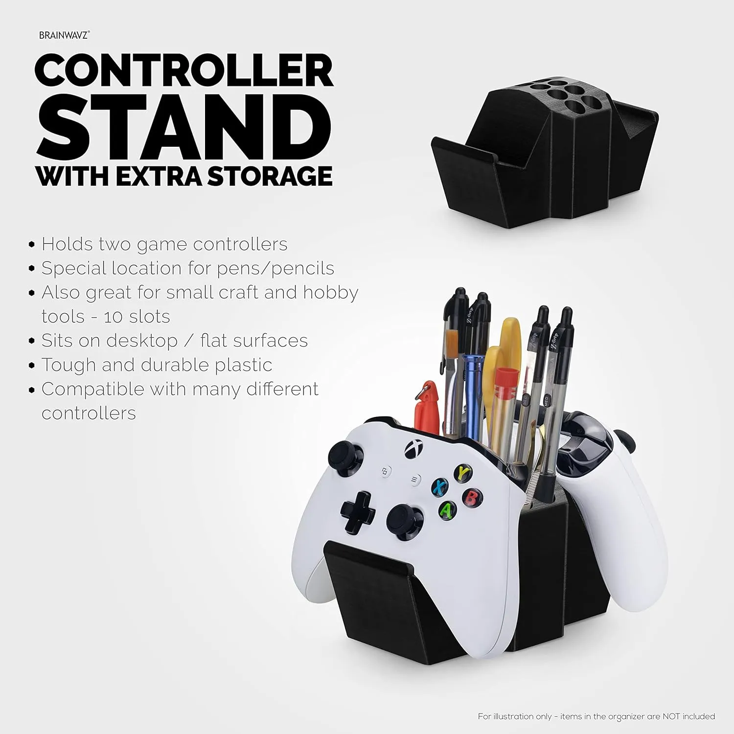 Game Controller Holder & Desktop Pen Organizer Stand With Ten Slots for Pens, Pencils, Stationery, Craft Tools & More - Universal Design for PS5 XBOX SERIES X ONE PS4 SWITCH PC Gamepads - D05 - Black