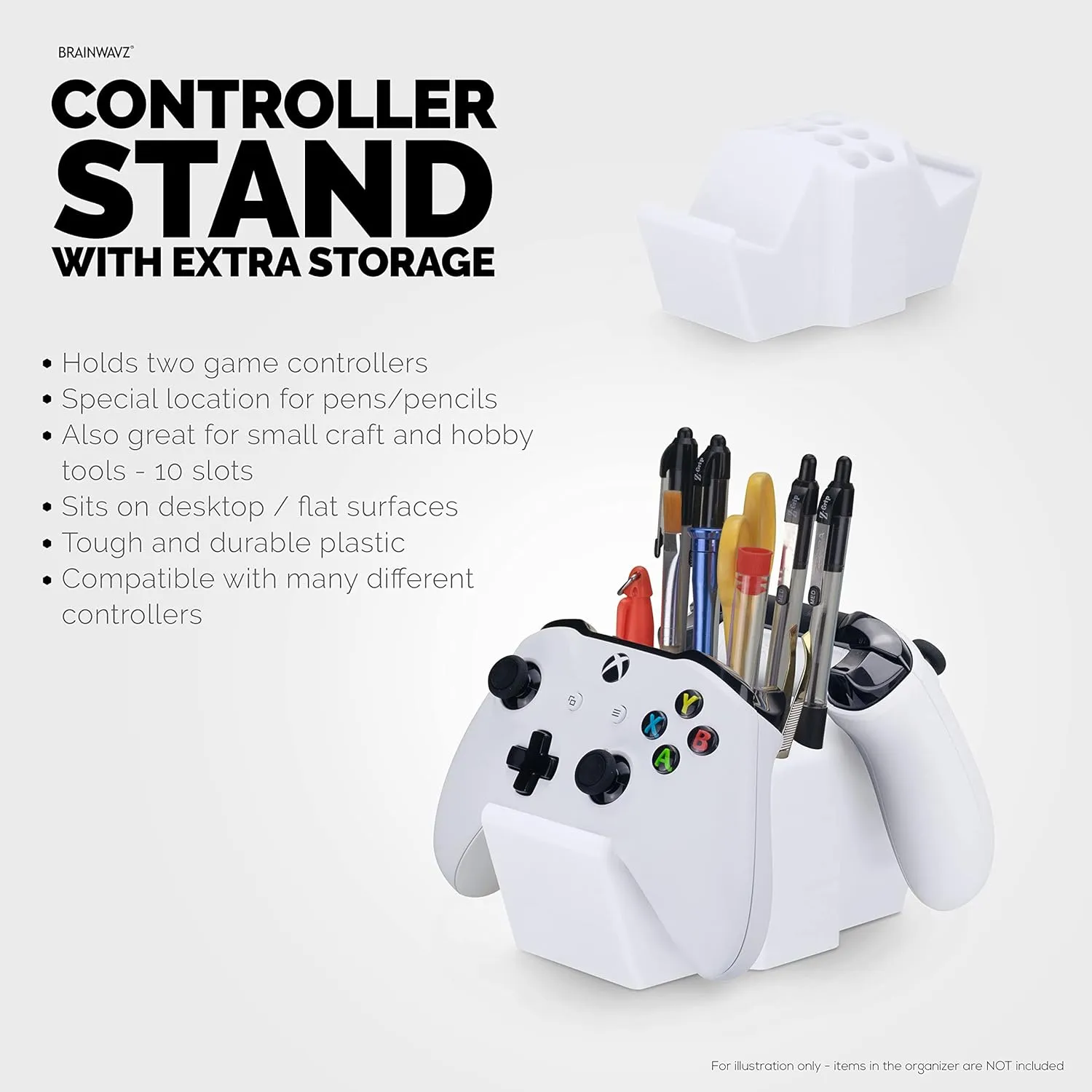 Game Controller Holder & Desktop Pen Organizer Stand With Ten Slots for Pens, Pencils, Stationery, Craft Tools & More - Universal Design for PS5 XBOX SERIES X ONE PS4 SWITCH PC Gamepads - D05 - White