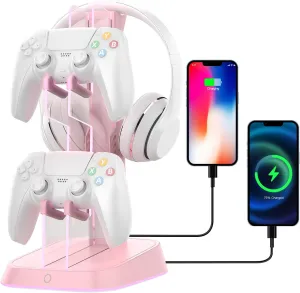 Gaming RGB Headphones Stand, Headset Stand with Colorful Light Modes-Controller Holder with 2 USB Charging Ports and Type-c-Earphone Hanger Accessories for Desktop Gamer (Pink)