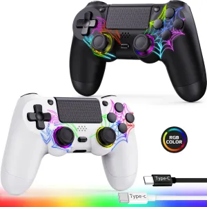 GamingBoy Controller Wireless for PS4, 2 Pack Spider Pattern RGB Controller for Ps4 with Hall Effect Joystick/1000mAh Battery/USB C/Dual Vibration/6-Axis Gyro/3.5mm Audio Jack (Black & White)