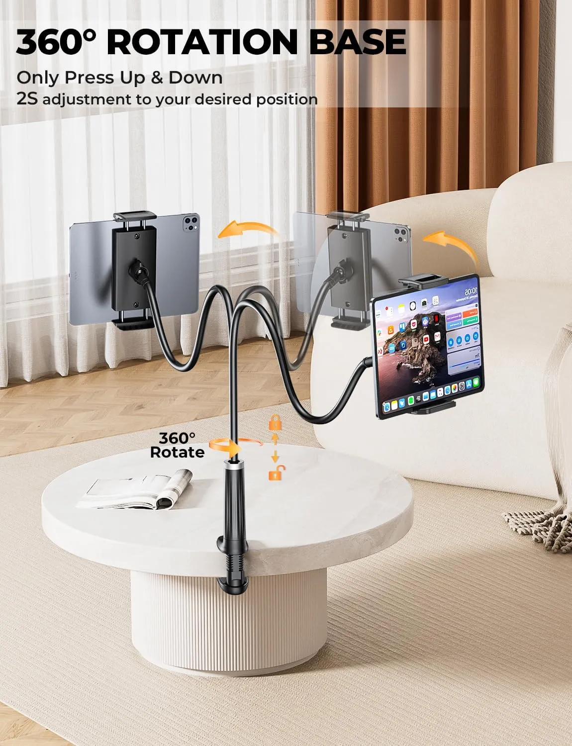 Gooseneck Phone Holder Tablet Stand for Bed:[Swivel Base] Adjustable Flexible Lazy Arm with 2 Clips Phone Tablet Holder Mount Compatible iPad Pro Air Mini | Kindle | Switch or Other 4-12.9" Device