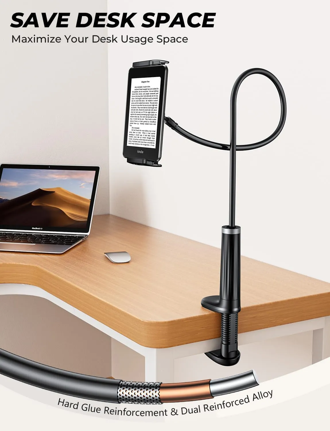 Gooseneck Phone Holder Tablet Stand for Bed:[Swivel Base] Adjustable Flexible Lazy Arm with 2 Clips Phone Tablet Holder Mount Compatible iPad Pro Air Mini | Kindle | Switch or Other 4-12.9" Device