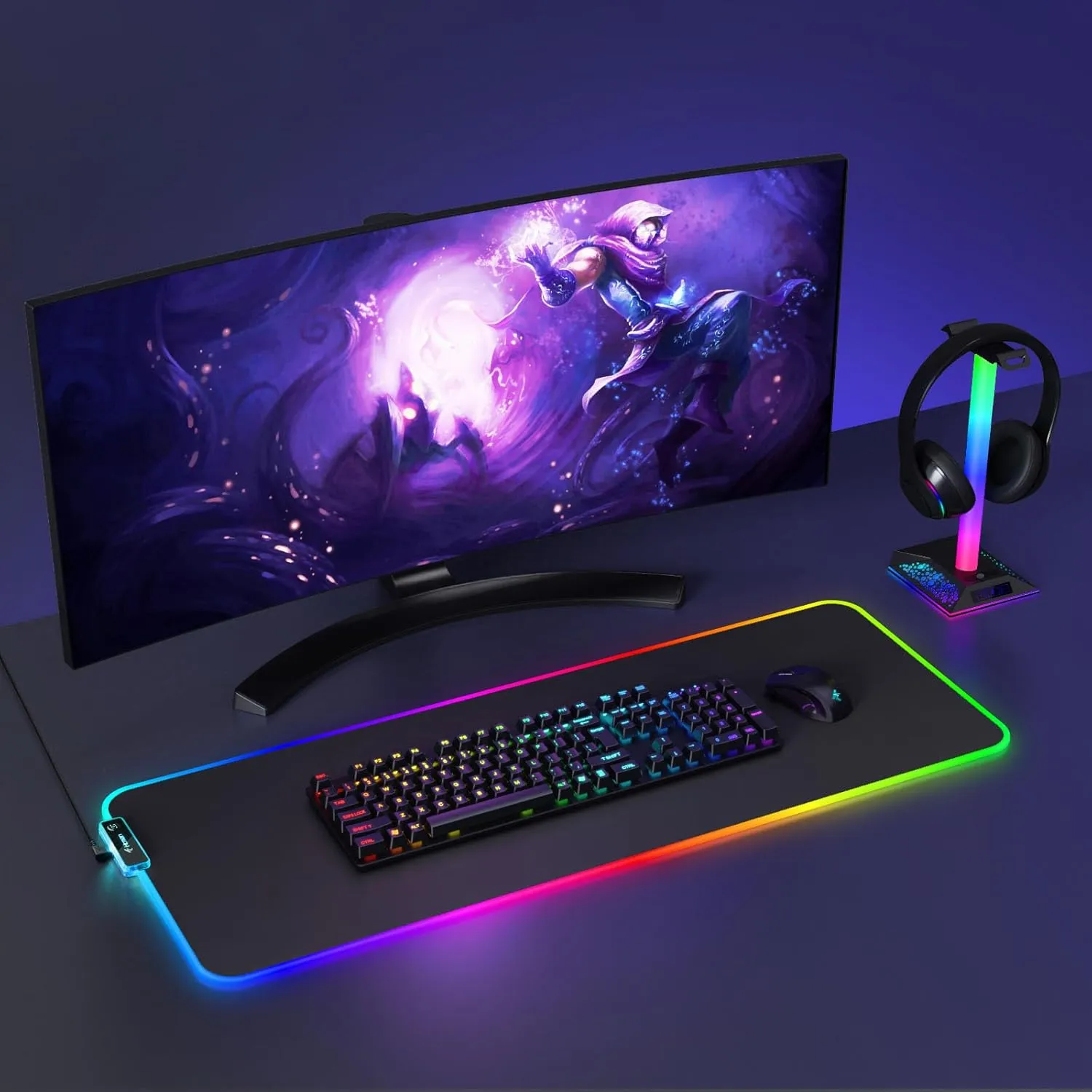 Hcman RGB Gaming Mouse Pad, Large Mousepad with Led Light, PC Gaming Accessories Black Keyboard Pad for Desk, Non-Slip Rubber Base XXL Big Mouse Mat for Gamer Boy Men Gift (31.5 X 12 Inch)