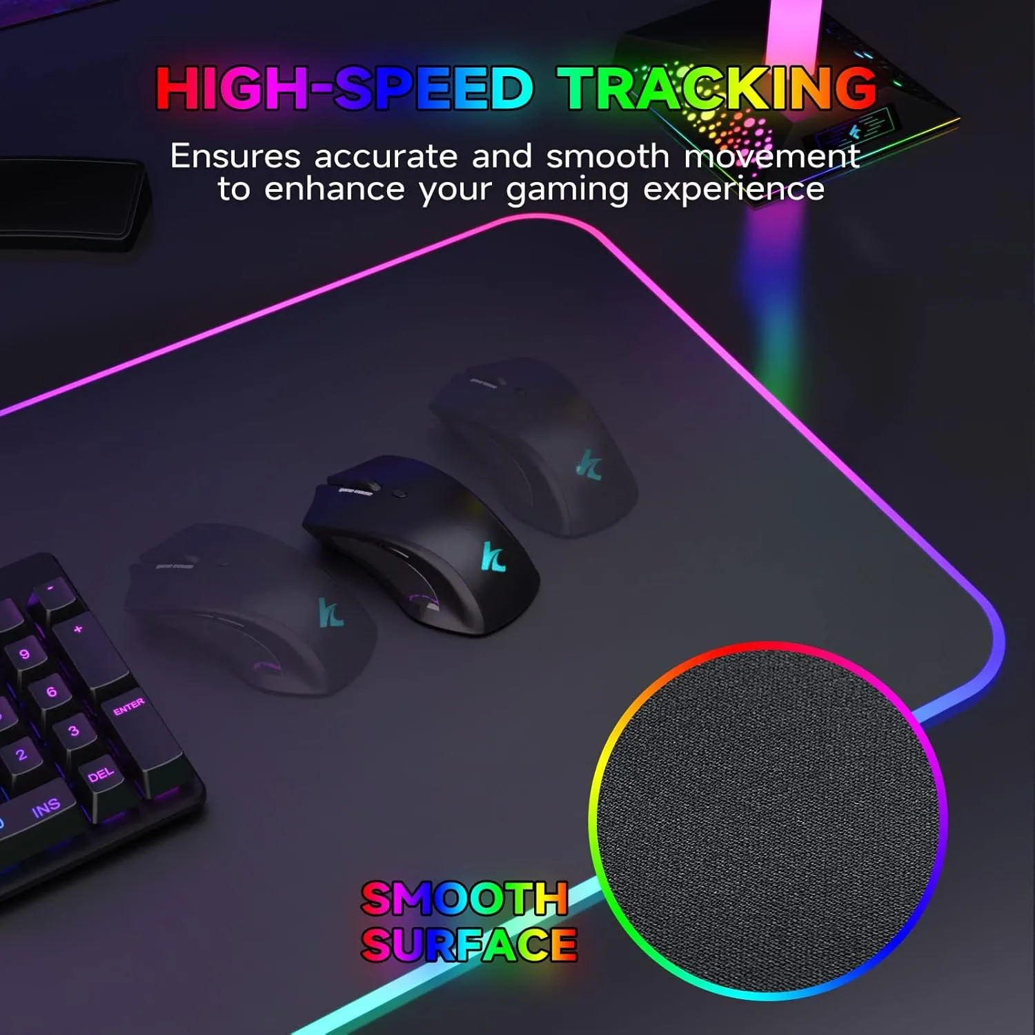 Hcman RGB Gaming Mouse Pad, Large Mousepad with Led Light, PC Gaming Accessories Black Keyboard Pad for Desk, Non-Slip Rubber Base XXL Big Mouse Mat for Gamer Boy Men Gift (31.5 X 12 Inch)