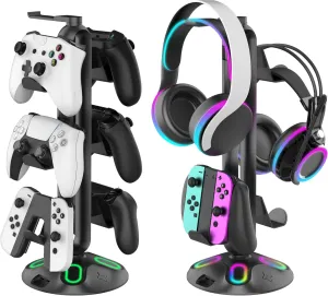 Headphone Stand RGB Controller Stand 9 Lighting Modes Headset Holder with USB Charging Data Transfer Controller Holder for Desk Gaming Accessories PC Setup