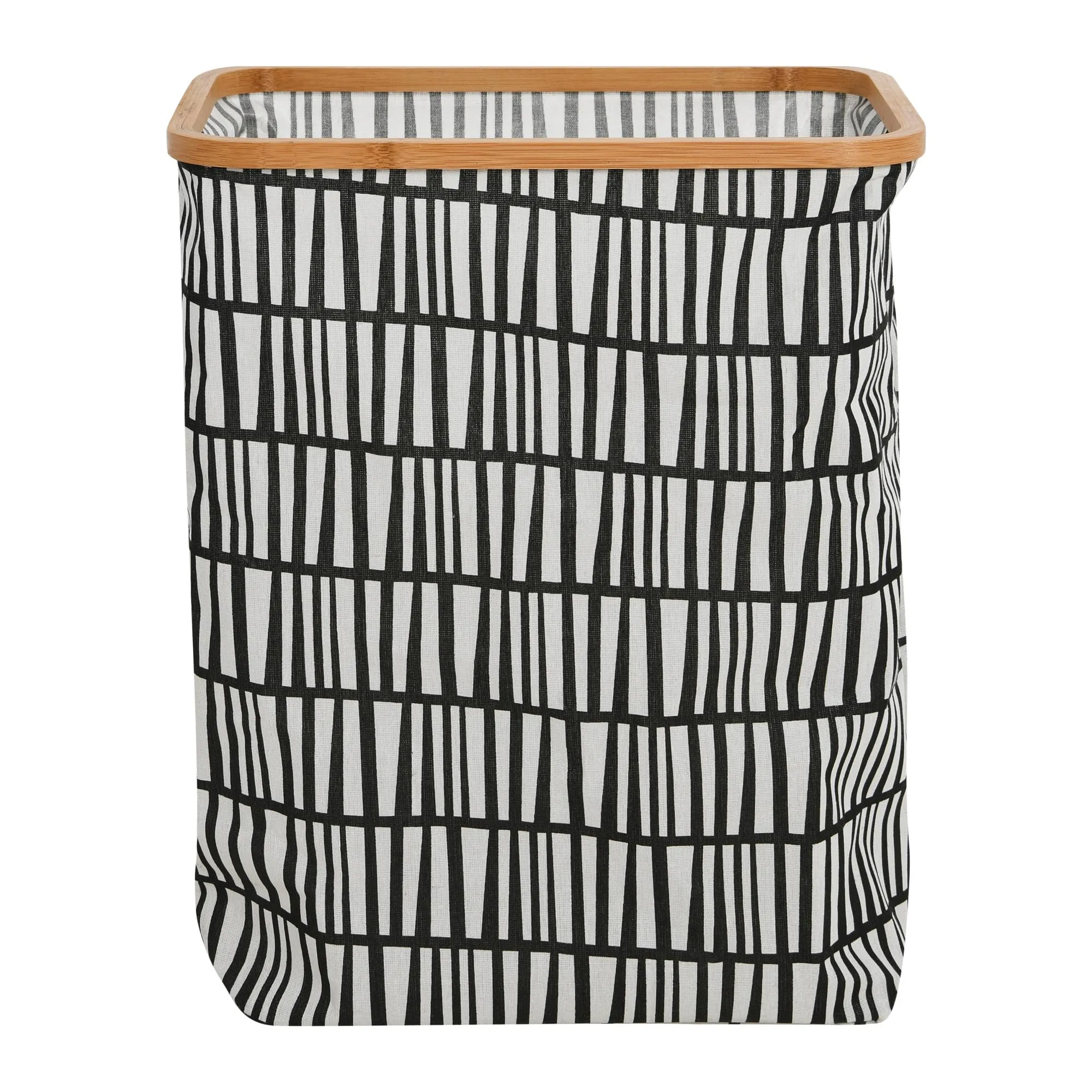 Household Essentials Bamboo Rimmed Rectangular Krush Hamper with Cutout Handles, Black and White