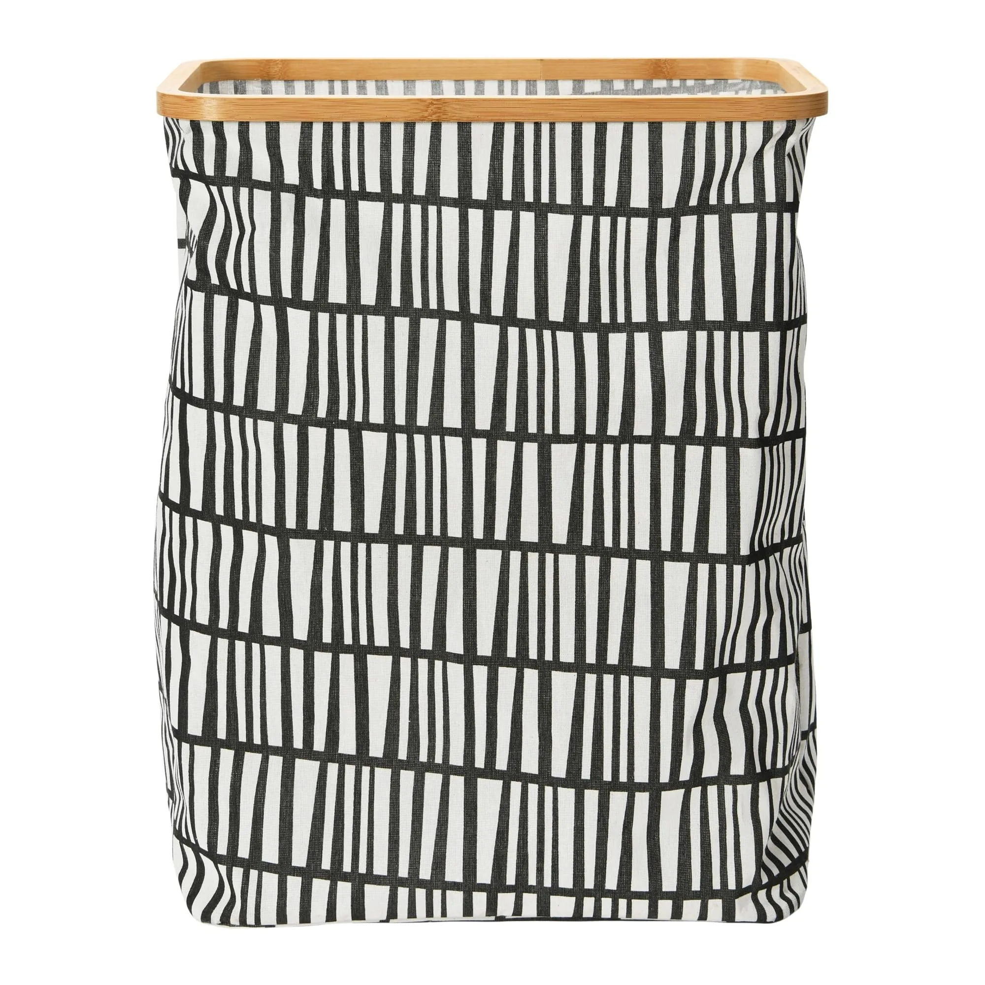 Household Essentials Bamboo Rimmed Rectangular Krush Hamper with Cutout Handles, Black and White