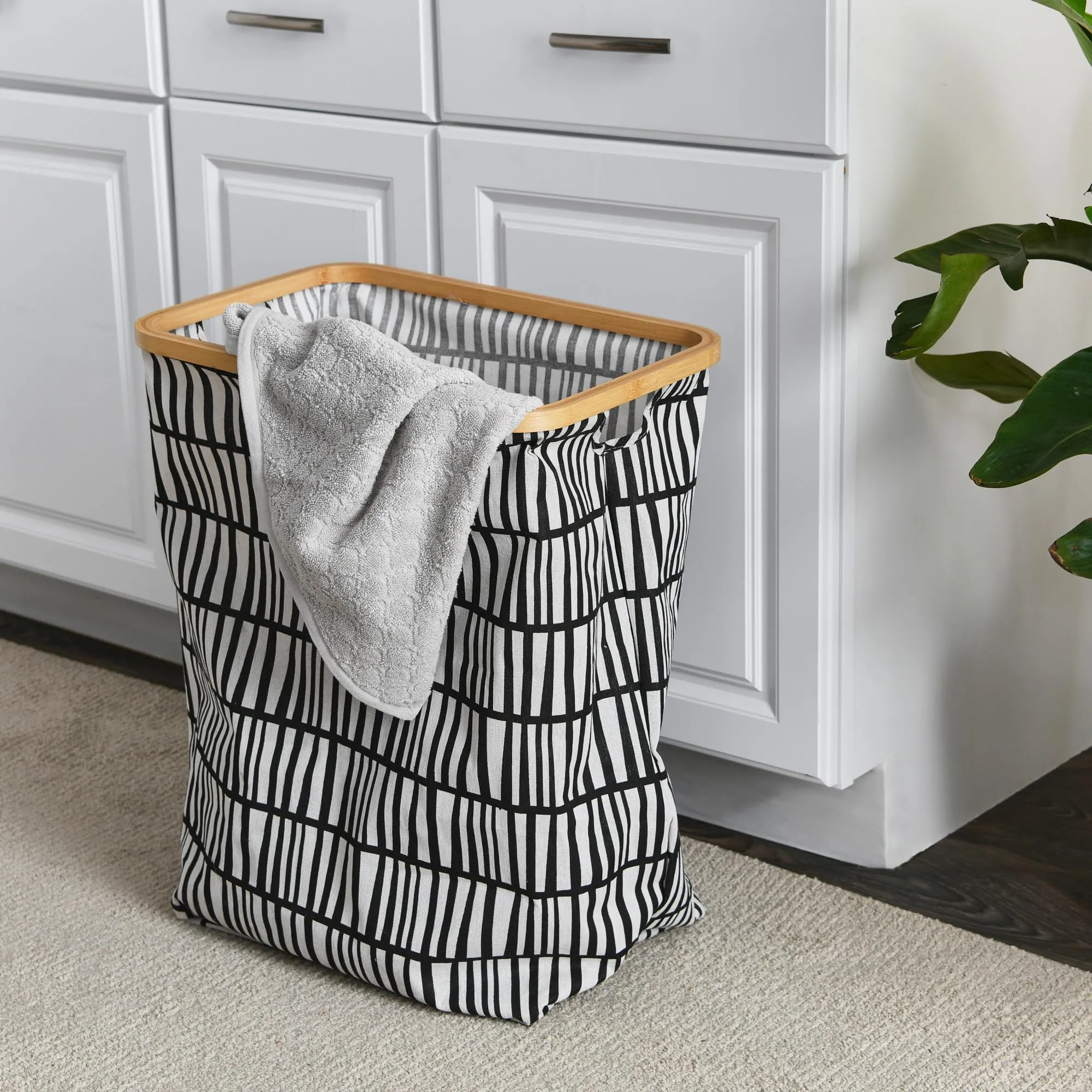 Household Essentials Bamboo Rimmed Rectangular Krush Hamper with Cutout Handles, Black and White
