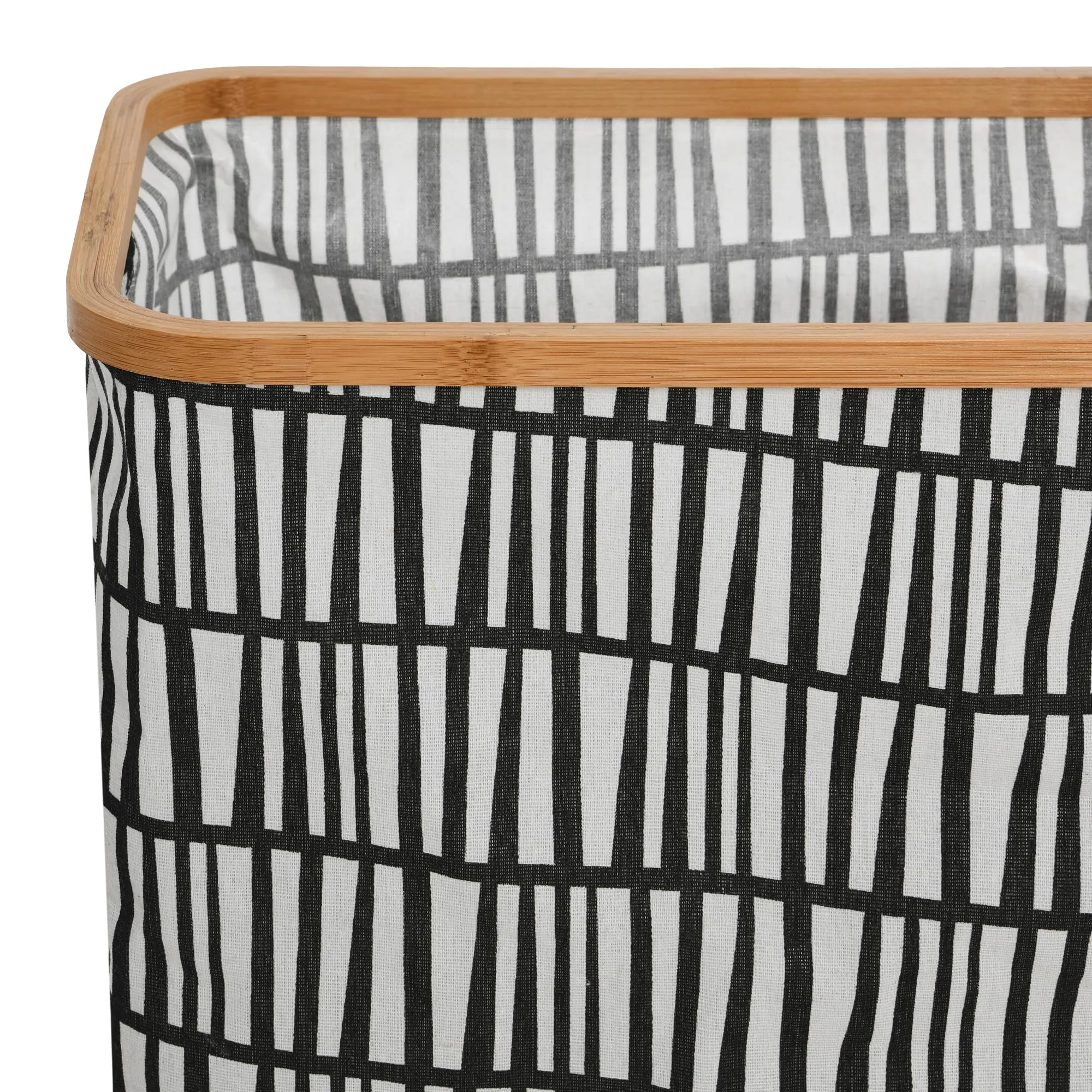 Household Essentials Bamboo Rimmed Rectangular Krush Hamper with Cutout Handles, Black and White