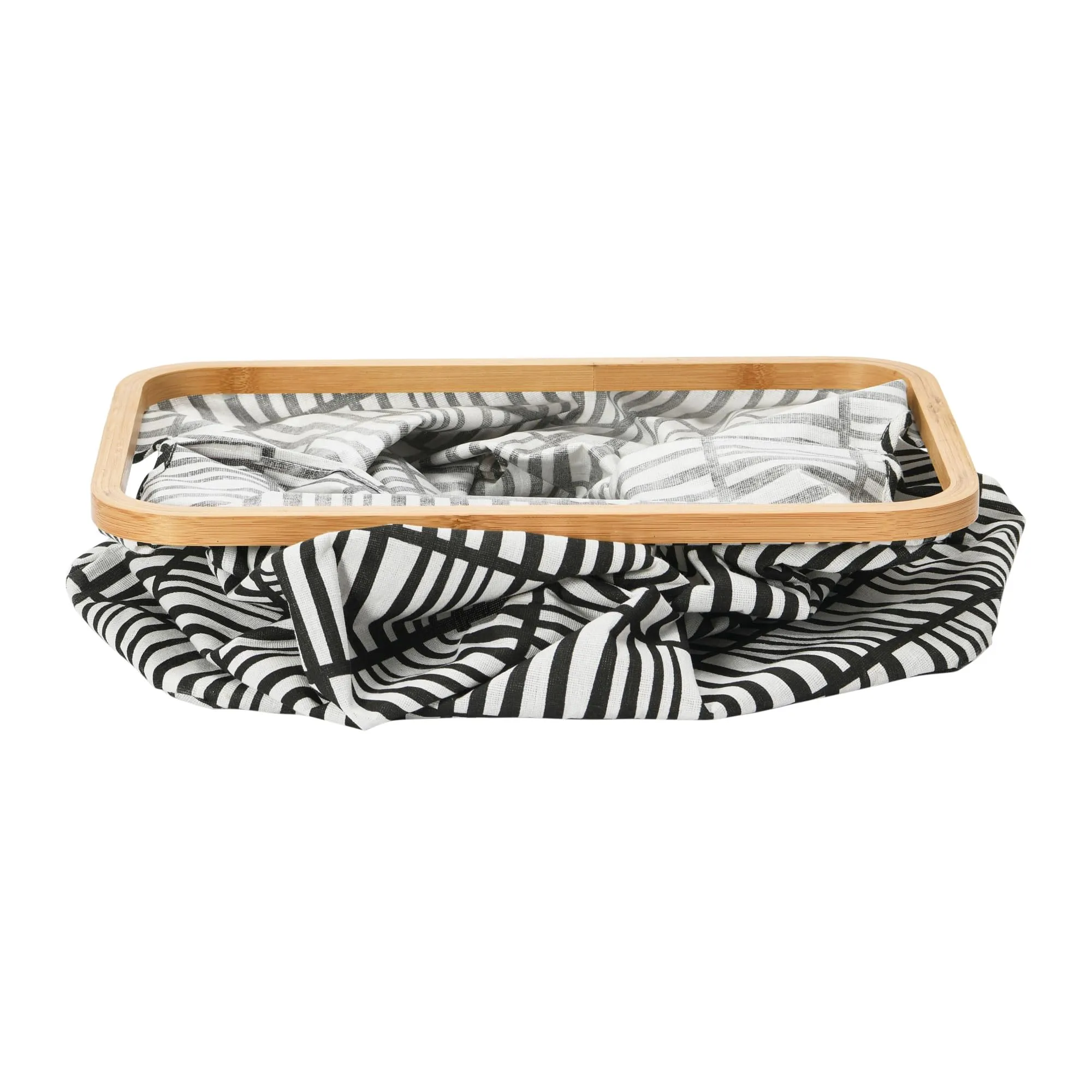 Household Essentials Bamboo Rimmed Rectangular Krush Hamper with Cutout Handles, Black and White