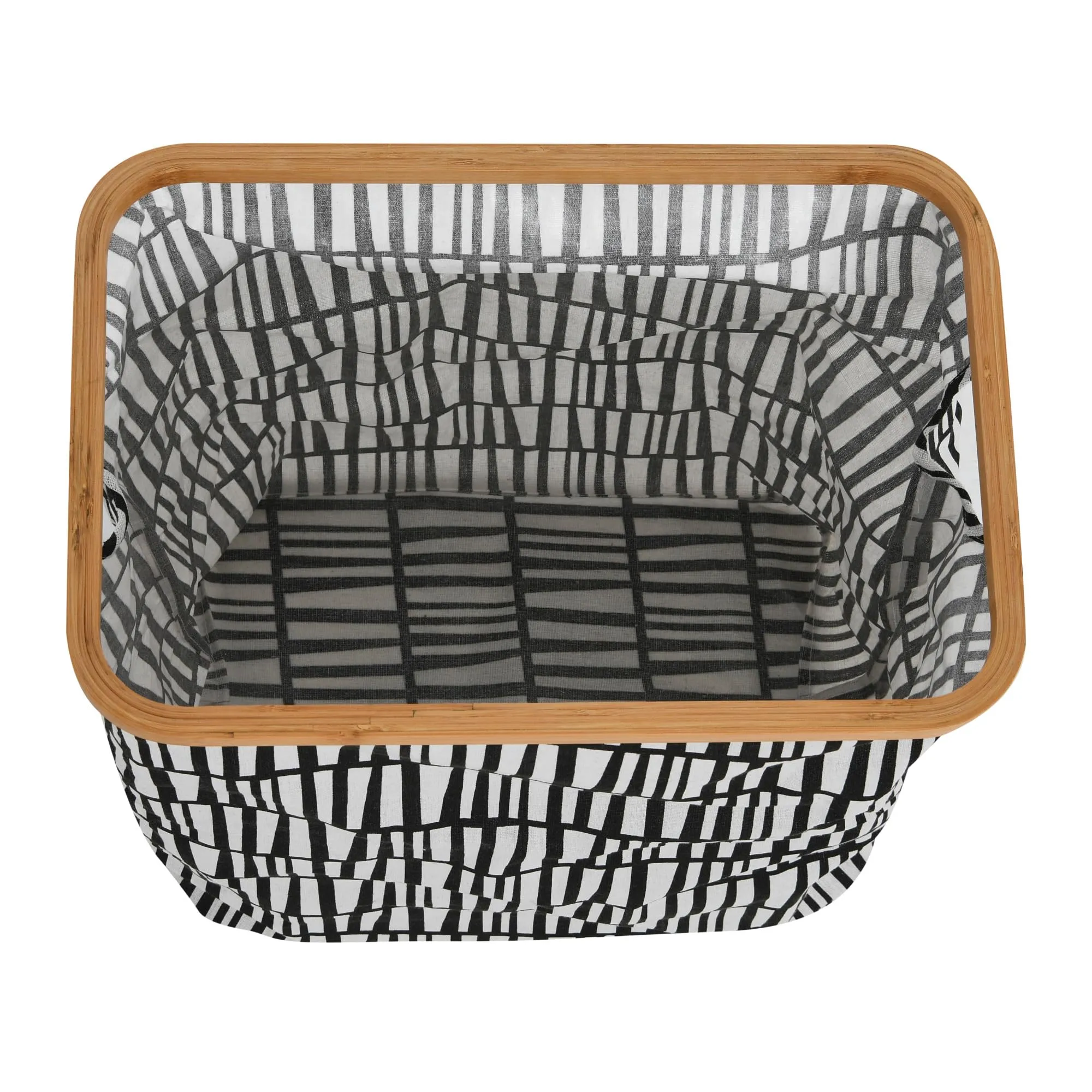 Household Essentials Bamboo Rimmed Rectangular Krush Hamper with Cutout Handles, Black and White
