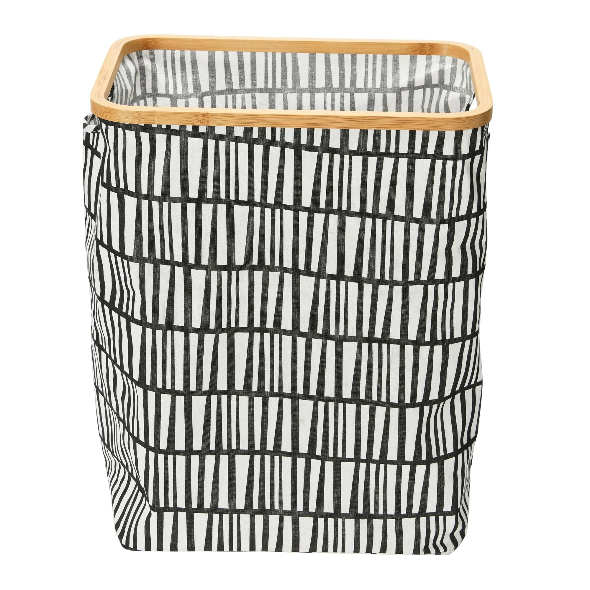 Household Essentials Bamboo Rimmed Rectangular Krush Hamper with Cutout Handles, Black and White