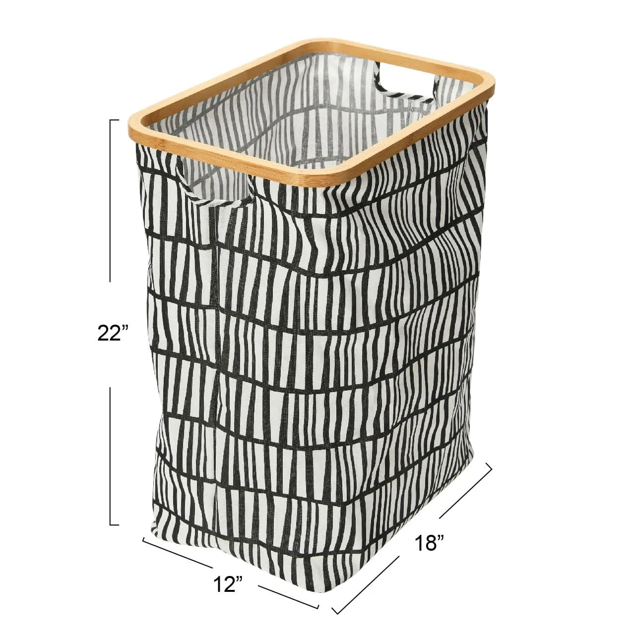 Household Essentials Bamboo Rimmed Rectangular Krush Hamper with Cutout Handles, Black and White