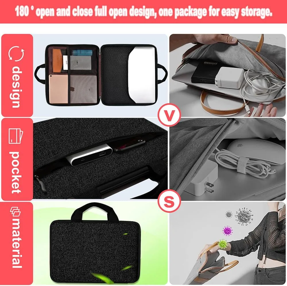 Hseok Laptop Case 13.3-14 inch Briefcase Handbag, Water-Resistant and Shockproof Computer Sleeve Compatible with MacBook Pro 14", Mac Air/Pro 13.3" and 13"-14" Notebooks Chromebooks,Black