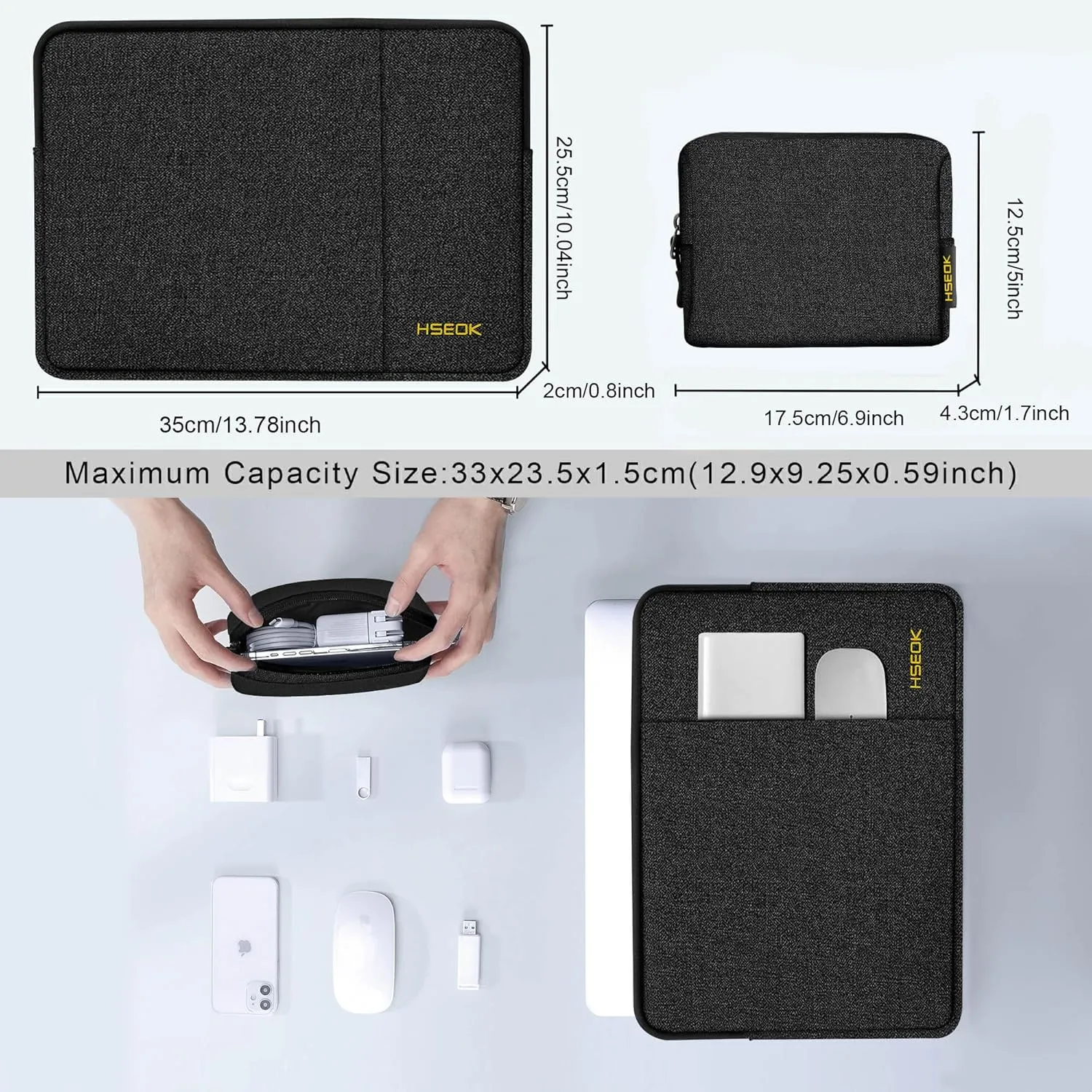 Hseok Laptop Case 14 inch Sleeve with Additional Case, Rainproof & Shockproof Carrying Laptop Cover Portable PC Sleeve Computer Bag for 14" MacBook, HP, Dell Lenovo, Asus, Acer Black
