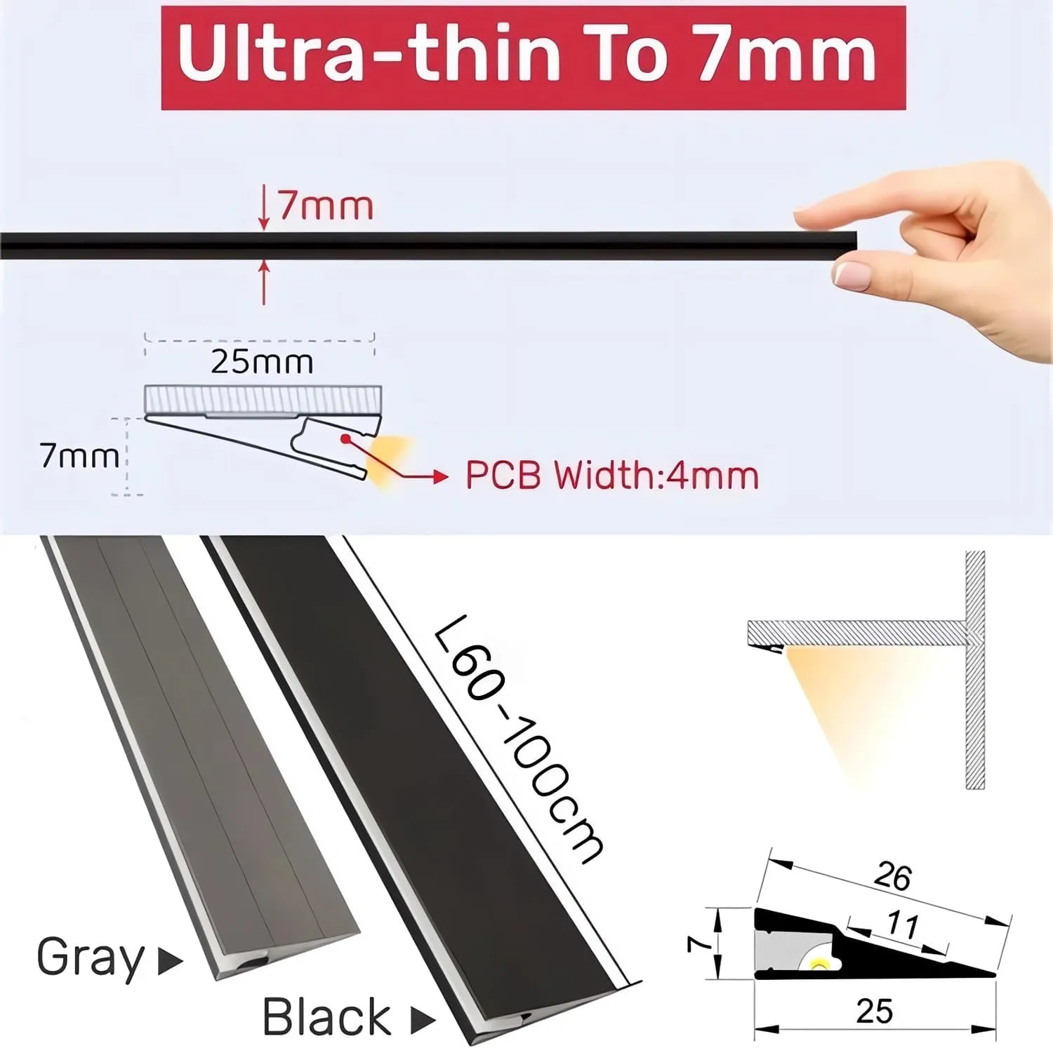 JARBIH 5Pack 1M/3.3ft Ultra-Thin Led Aluminum Profile, 45 Oblique Lighting Cabinet LED Lamp, Invisible H7mm Surface Mounted Wardrobe Layer Shelf Panel Hard Bar Strip Light Channel System(Gray)
