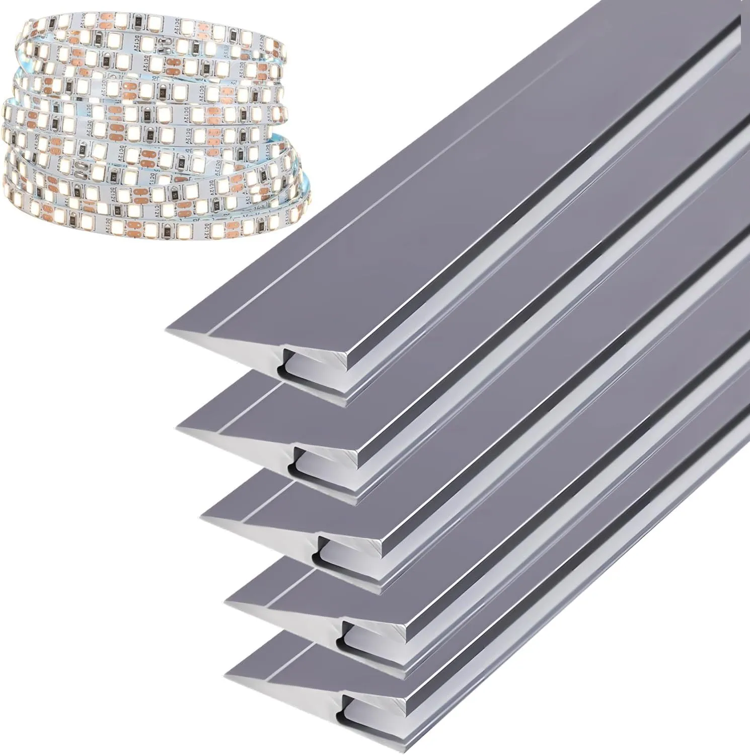 JARBIH 5Pack 1M/3.3ft Ultra-Thin Led Aluminum Profile, 45 Oblique Lighting Cabinet LED Lamp, Invisible H7mm Surface Mounted Wardrobe Layer Shelf Panel Hard Bar Strip Light Channel System(Gray)