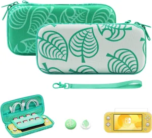 JINGDU Carrying Case Compatible with Nintendo Switch Lite, Hard Portable Protective Case, Storage Bag Accessories Include Screen Protector & Thumb Grips & Wrist Strap, Animal Crossing Leaf