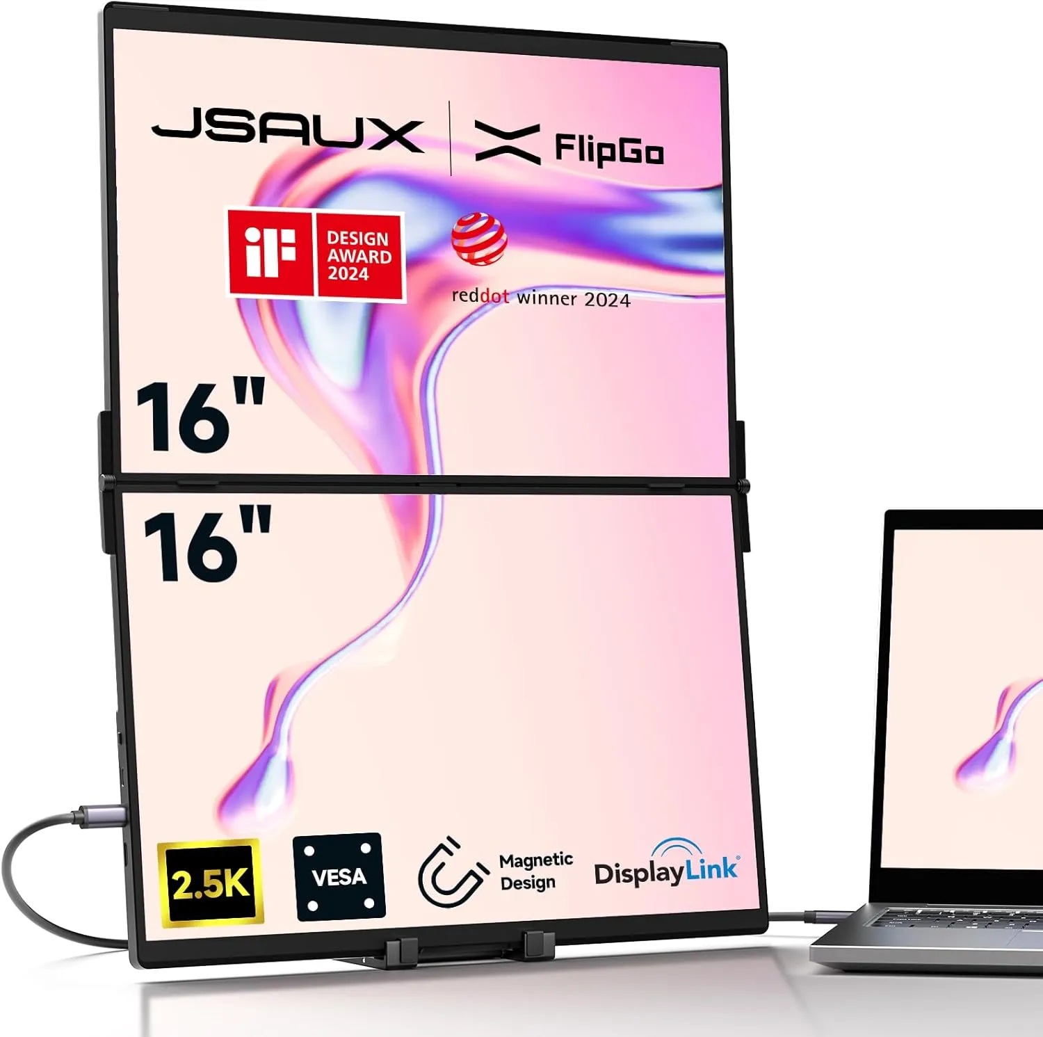 JSAUX FlipGo Pro 16" Dual Portable Monitors, 2.5K Triple Laptop Screen Extender, Portable IPS Dual-Screen Monitor for Laptop[Windows/Linux/MacOS] Magnetic Design/DisplayLink/One Cable to Dual/HiDPI