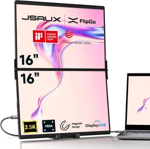 JSAUX FlipGo Pro 16" Dual Portable Monitors, 2.5K Triple Laptop Screen Extender, Portable IPS Dual-Screen Monitor for Laptop[Windows/Linux/MacOS] Magnetic Design/DisplayLink/One Cable to Dual/HiDPI