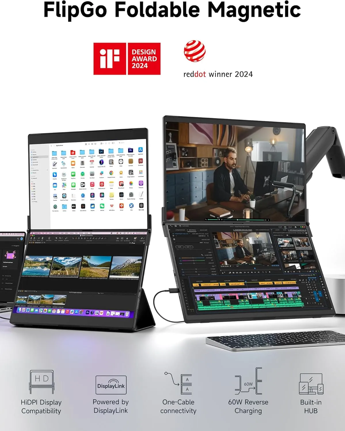 JSAUX FlipGo Pro 16" Dual Portable Monitors, 2.5K Triple Laptop Screen Extender, Portable IPS Dual-Screen Monitor for Laptop[Windows/Linux/MacOS] Magnetic Design/DisplayLink/One Cable to Dual/HiDPI