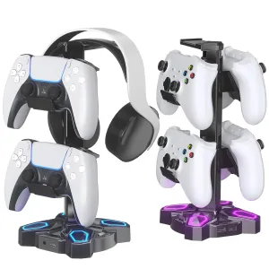 KDD Gaming Headphones Stand, Rotatable Headset Stand with Light Modes - Controller Holder with 2 USB Charging Ports and 3.5mm - Earphone Hanger Accessories for Desktop Gamer(Black)