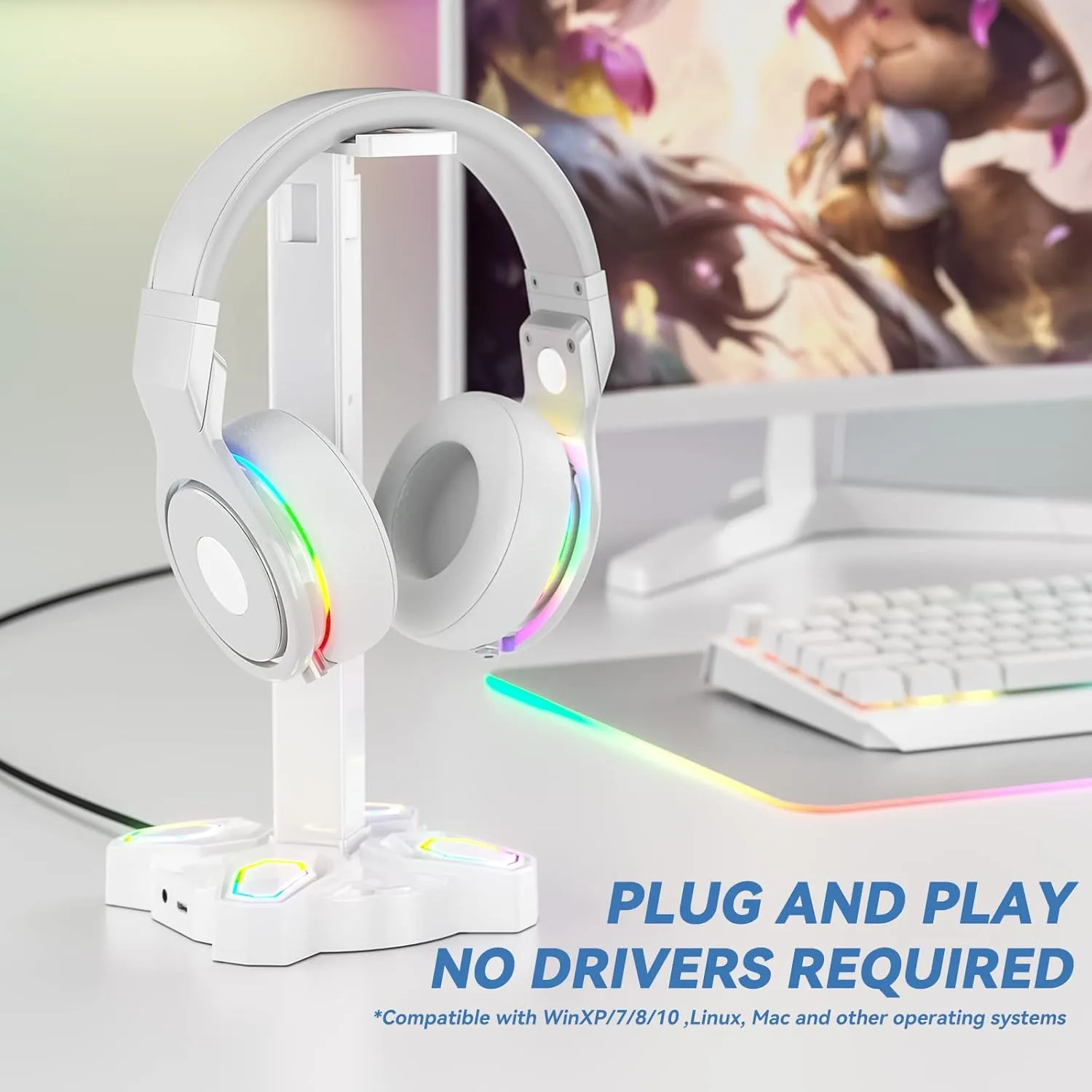 KDD Gaming Headphones Stand, Rotatable Headset Stand with Light Modes - Controller Holder with 2 USB Charging Ports and 3.5mm - Earphone Hanger Accessories for Desktop Gamer(White)
