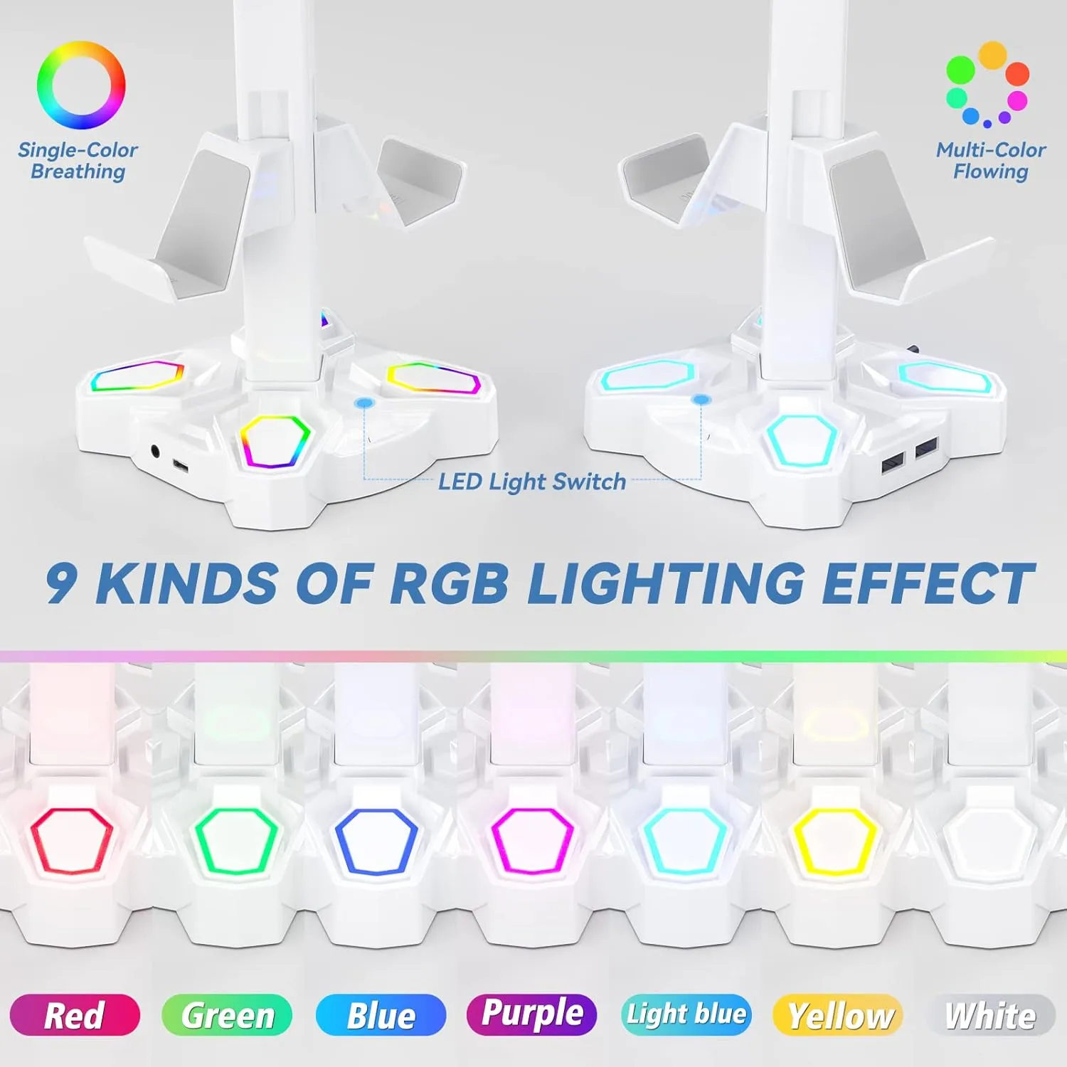 KDD Gaming Headphones Stand, Rotatable Headset Stand with Light Modes - Controller Holder with 2 USB Charging Ports and 3.5mm - Earphone Hanger Accessories for Desktop Gamer(White)