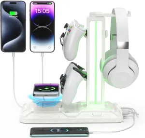 KDD RGB Headphone & Controller Stand with Wireless Charging - Rotatable Headset Stand with 9 Light Modes - Controller Holder with 2 USB and Type C Ports - for Gamers Desktop Accessories(White)