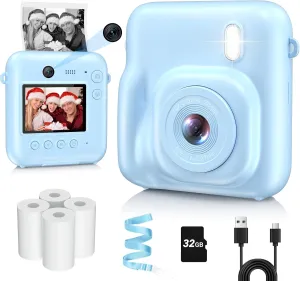 Kids Camera Instant Print, Dual-Lens 48MP Digital Camera for Christmas Birthday Gifts, 1080P Selfie Instant Cameras for Kids with 32GB Card, Print Digital Cameras for Girls Boys-Blue