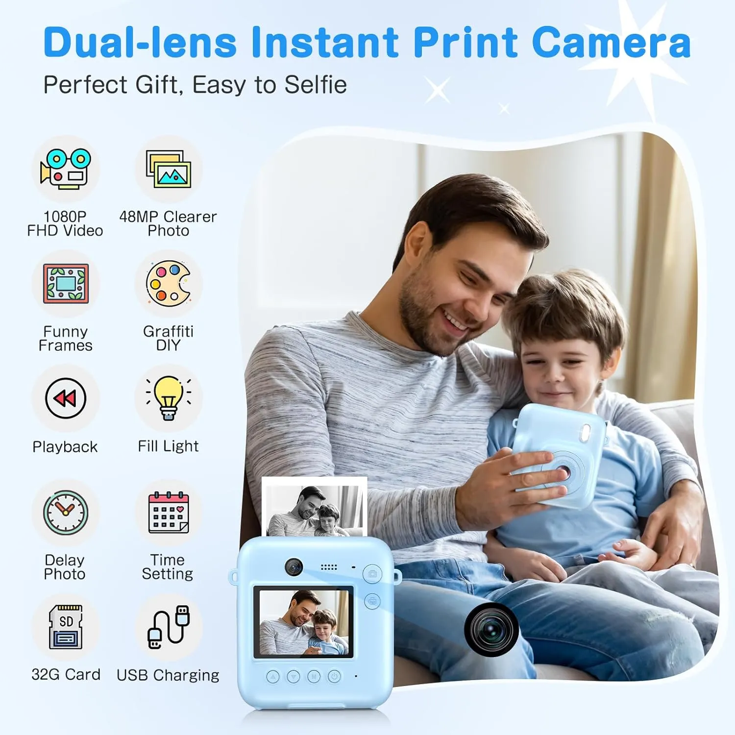 Kids Camera Instant Print, Dual-Lens 48MP Digital Camera for Christmas Birthday Gifts, 1080P Selfie Instant Cameras for Kids with 32GB Card, Print Digital Cameras for Girls Boys-Blue