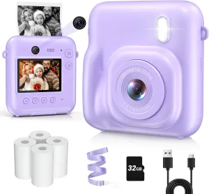 Kids Camera Instant Print, Dual-Lens 48MP Digital Camera for Christmas Birthday Gifts, 1080P Selfie Instant Cameras for Kids with 32GB Card, Print Digital Cameras for Girls Boys-Purple