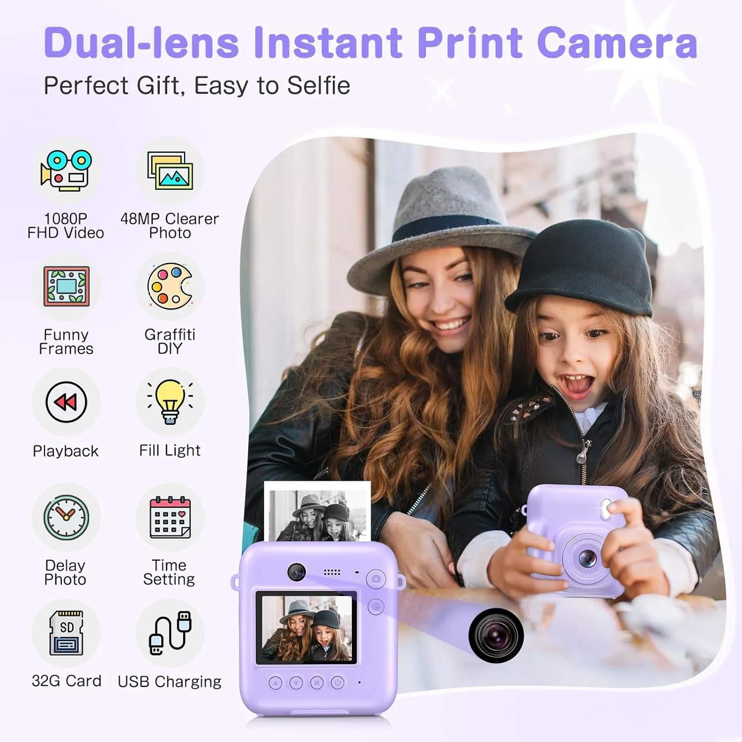 Kids Camera Instant Print, Dual-Lens 48MP Digital Camera for Christmas Birthday Gifts, 1080P Selfie Instant Cameras for Kids with 32GB Card, Print Digital Cameras for Girls Boys-Purple