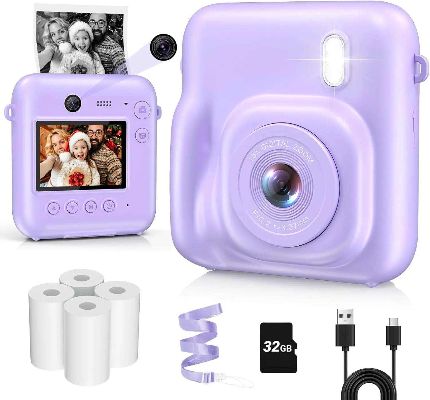 Kids Camera Instant Print, Dual-Lens 48MP Digital Camera for Christmas Birthday Gifts, 1080P Selfie Instant Cameras for Kids with 32GB Card, Print Digital Cameras for Girls Boys-Purple